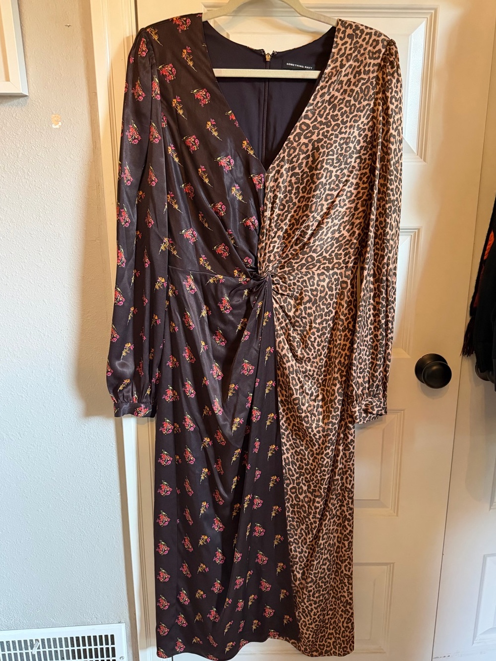 Something Navy Floral Leopard Print Mixed Print Wrap Midi Dress - Size M